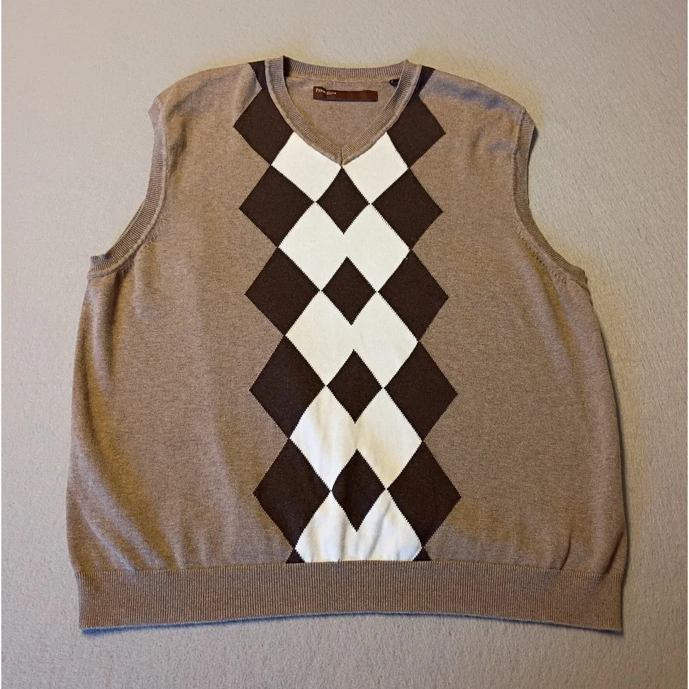 Sweater Vest Mens Perry Ellis Size XL Cotton Blend Pullover Brown Argyle Diamond